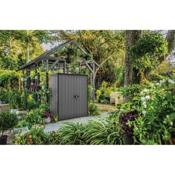 Keter-Cortina-Alto-Vertical-Resin-Durable-Outdoor-Storage-Shed-With-Floor-for-Patio-Furniture-and-Tools,-Grey (4) Keter Cortina Alto Vertical Resin Durable Outdoor Storage Shed With Floor for Patio Furniture and Tools, Grey