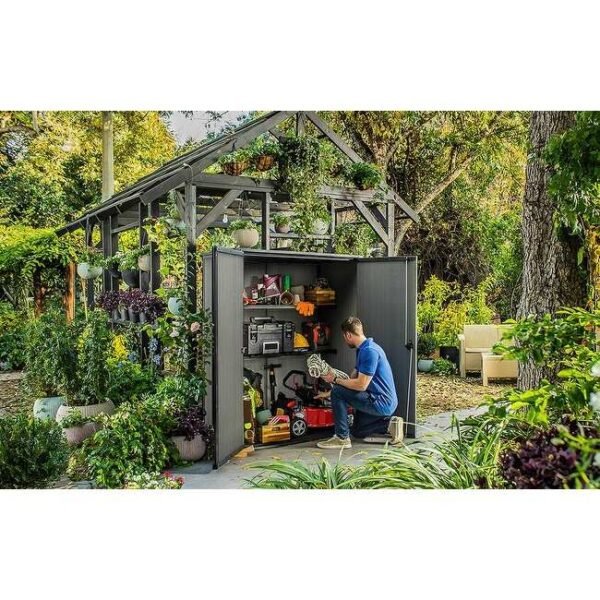 Keter-Cortina-Alto-Vertical-Resin-Durable-Outdoor-Storage-Shed-With-Floor-for-Patio-Furniture-and-Tools,-Grey Keter Cortina Alto Vertical Resin Durable Outdoor Storage Shed With Floor for Patio Furniture and Tools, Grey