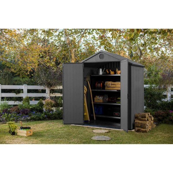 Keter-Darwin-6-x-4-FT-Spacious-and-Heavy-Duty-Outdoor-Storage-Shed-with-Floor,-Grey (1) Keter Darwin 6x4 ft. Resin Outdoor Storage Shed With Floor for Patio Furniture and Tools, Graphite - 6x4 FT
