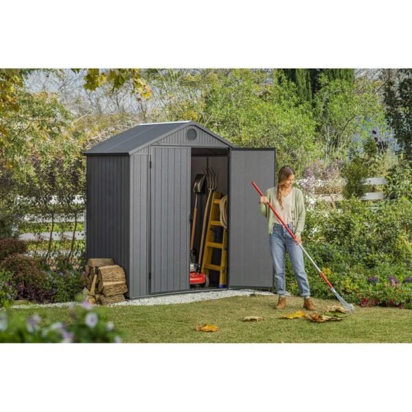 Keter-Darwin-6-x-4-FT-Spacious-and-Heavy-Duty-Outdoor-Storage-Shed-with-Floor,-Grey (2) Keter Darwin 6x4 ft. Resin Outdoor Storage Shed With Floor for Patio Furniture and Tools, Graphite - 6x4 FT
