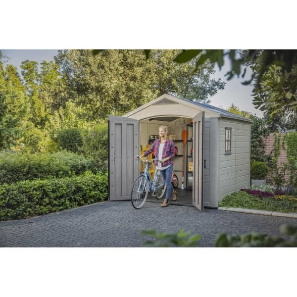 Keter Factor 8x8 ft. Resin Outdoor Storage Shed With Floor for Patio Furniture and Tools, Brown