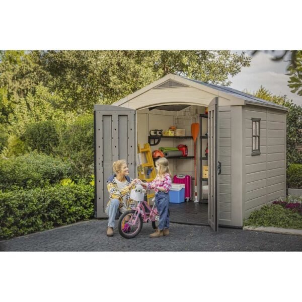 Keter Factor 8x8 ft. Resin Outdoor Storage Shed With Floor for Patio Furniture and Tools, Brown