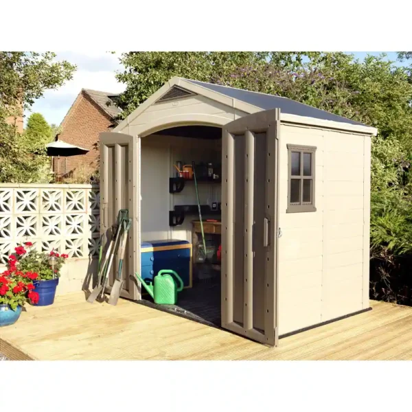 Keter-Factor-Large-8-x-6-ft.-Outdoor-Storage-Shed-8a1c3632-6883-4500-90aa-4bb9114908af_1000 Keter Factor 8x6 ft. Resin Outdoor Storage Shed With Floor for Patio Furniture and Tools, Brown