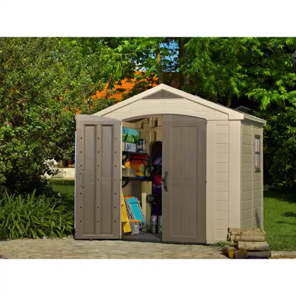 Keter-Factor-Large-8-x-6-ft.-Outdoor-Storage-Shed-8af751b6-58a1-4fc7-8454-c0ae18faaaf7_1000 Keter Factor 8x6 ft. Resin Outdoor Storage Shed With Floor for Patio Furniture and Tools, Brown